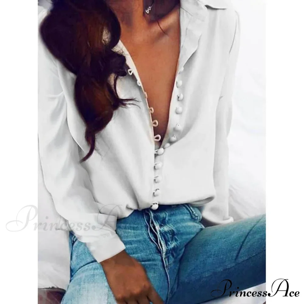 Blouse Blouse Women's - Neck Arm Solid V Long Button with Basic Colored Tops - Image 4