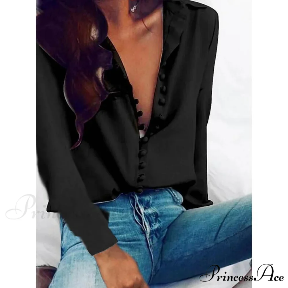 Blouse Blouse Women's - Neck Arm Solid V Long Button with Basic Colored Tops - Image 5