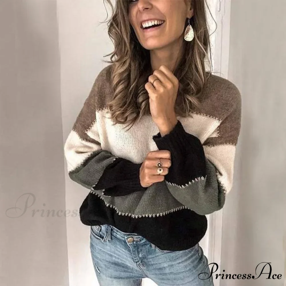 Loose Knitted Patchwork Striped Tops for Pullovers Women - Image 2