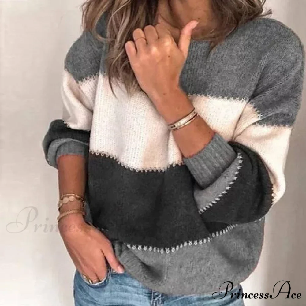 Loose Knitted Patchwork Striped Tops for Pullovers Women - Image 4