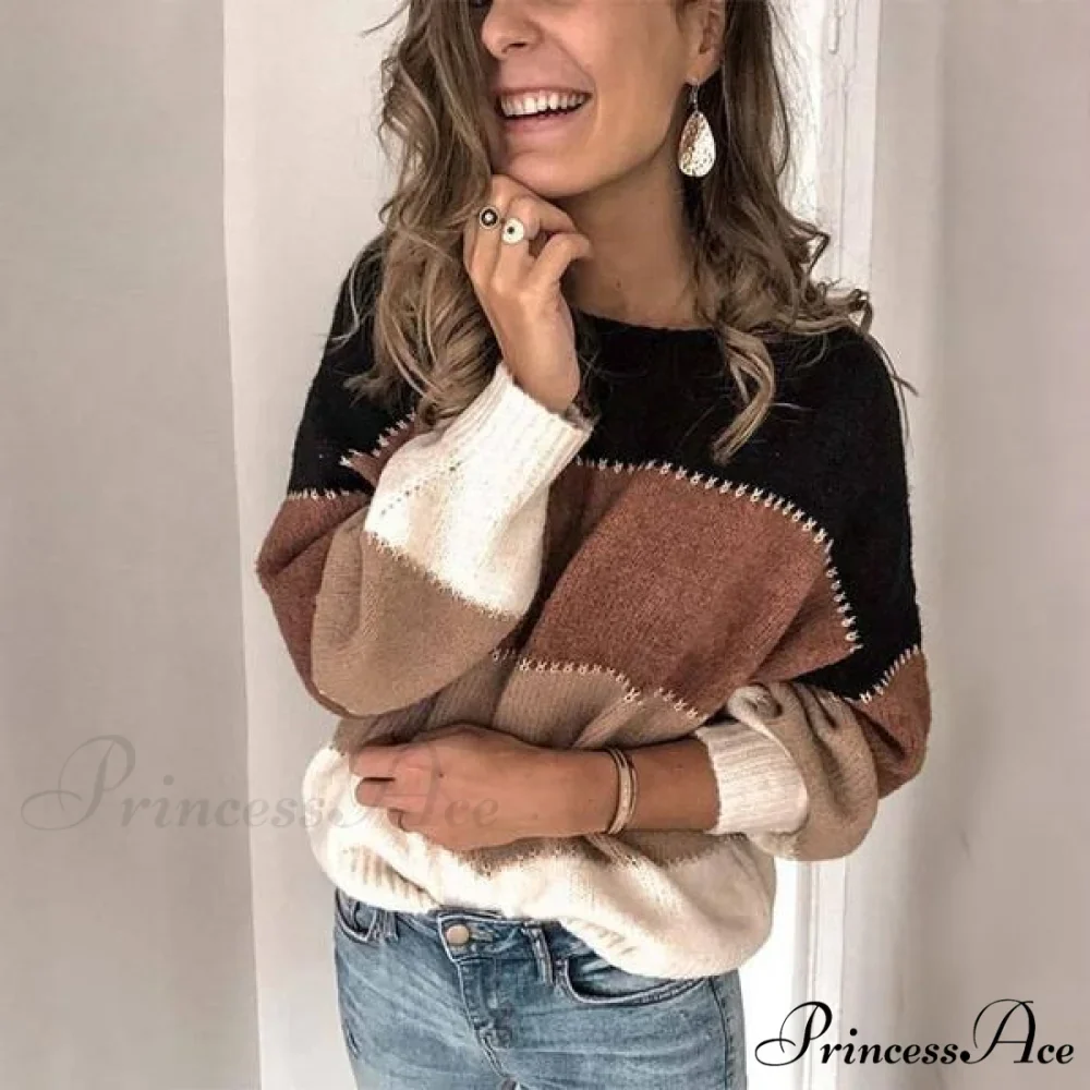 Loose Knitted Patchwork Striped Tops for Pullovers Women - Image 5