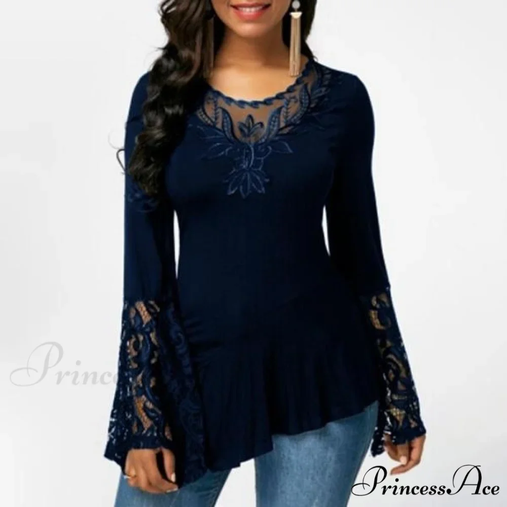 Casual Lace Plus Irregular for Women Long-sleeved Stitching with T-shirt Size - Image 2