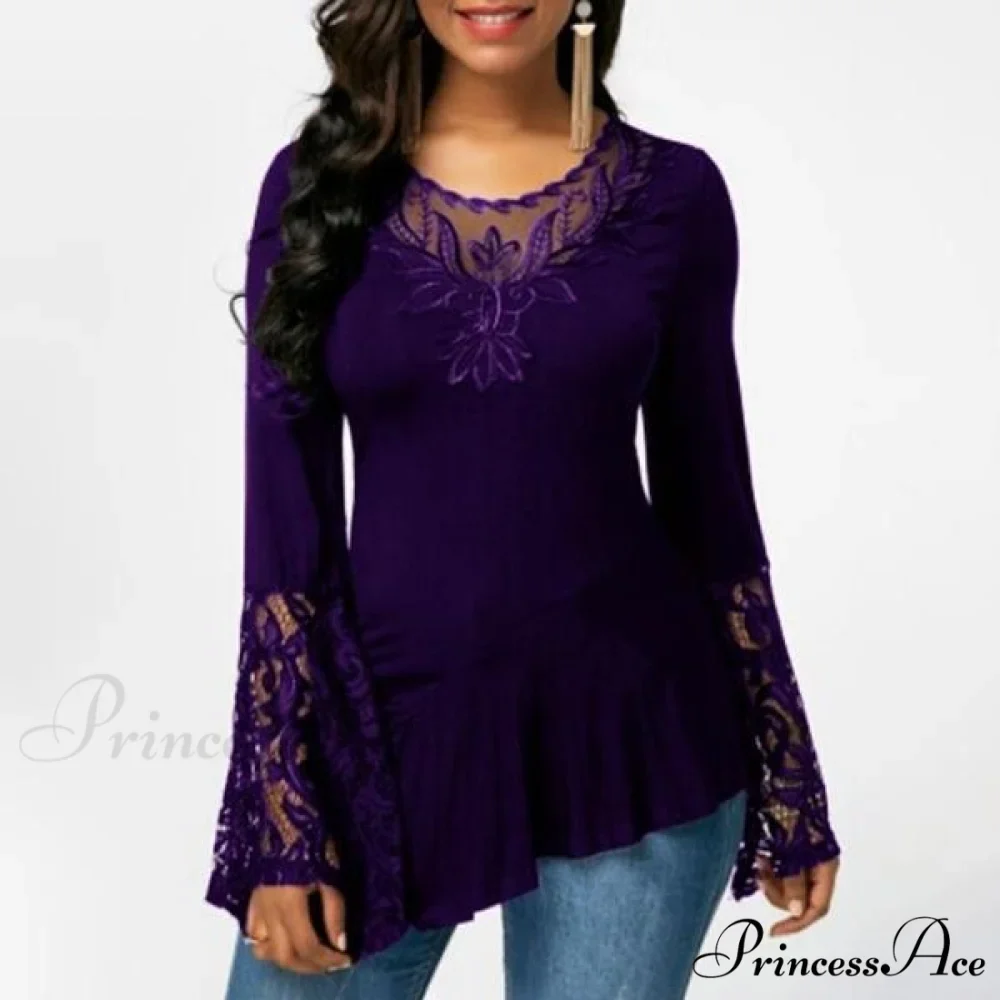 Casual Lace Plus Irregular for Women Long-sleeved Stitching with T-shirt Size - Image 3