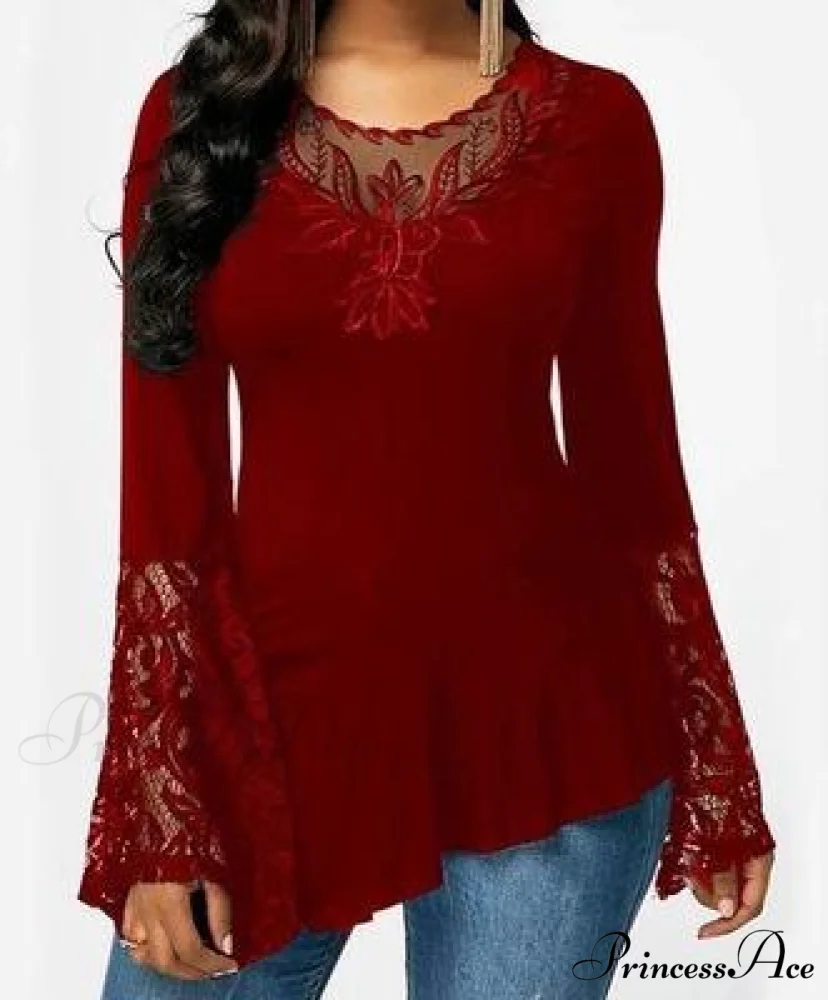Casual Lace Plus Irregular for Women Long-sleeved Stitching with T-shirt Size - Image 4