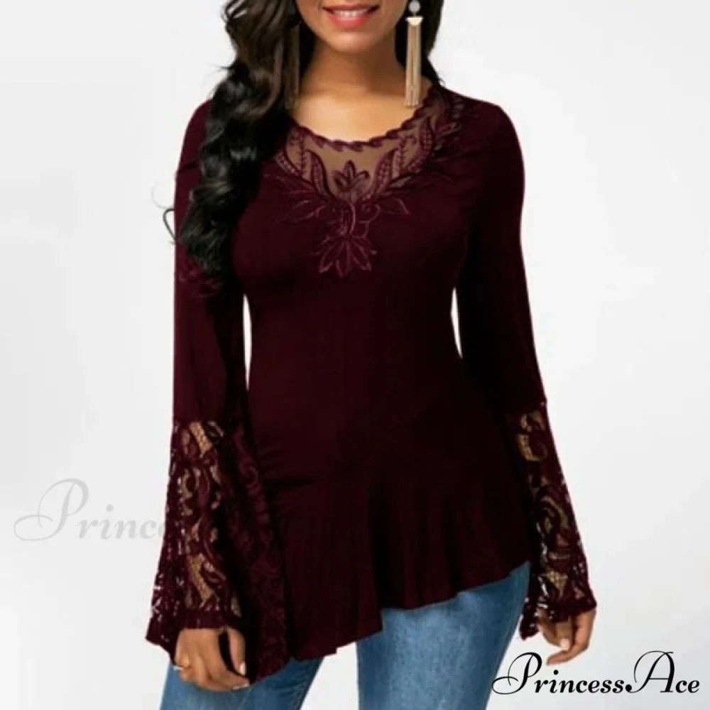 Casual Lace Plus Irregular for Women Long-sleeved Stitching with T-shirt Size - Image 5