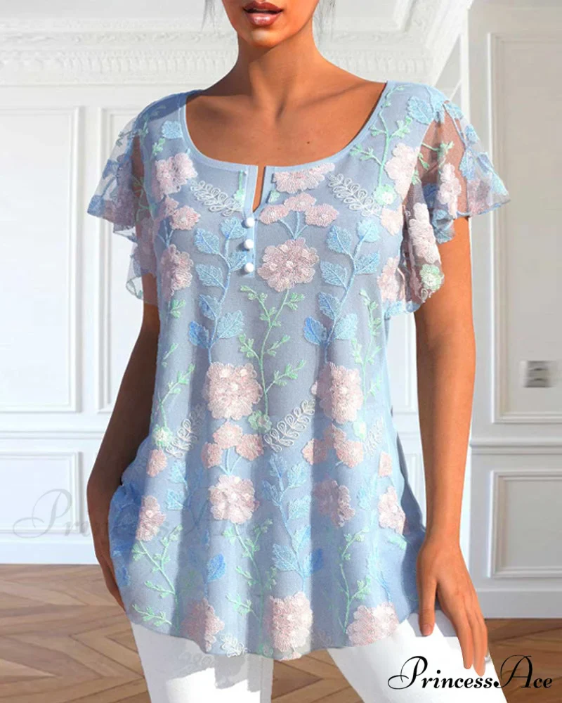 Lace T-Shirt with Flowered Print - Image 2