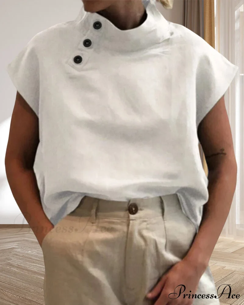 and Cotton Neckline Button Linen Stand Top - Image 2