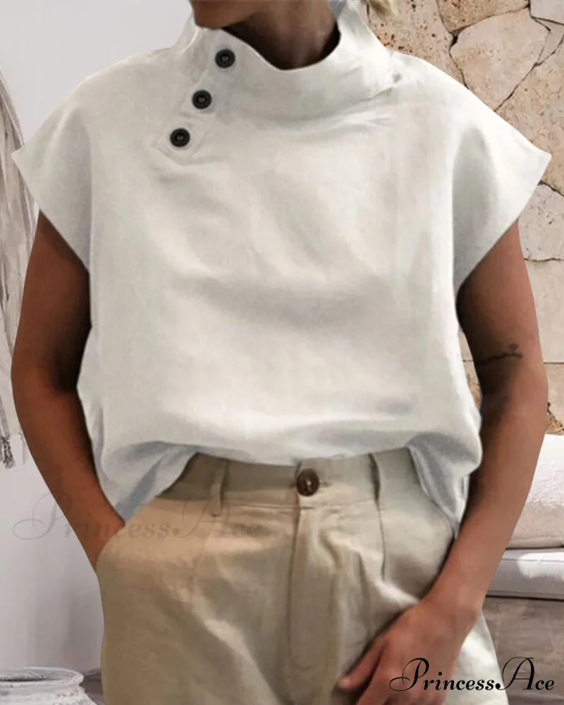 and Cotton Neckline Button Linen Stand Top - Image 3