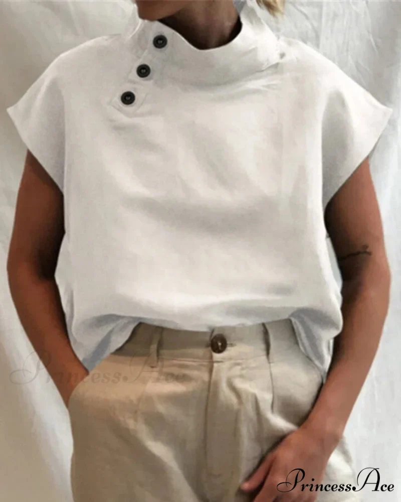 and Cotton Neckline Button Linen Stand Top - Image 4
