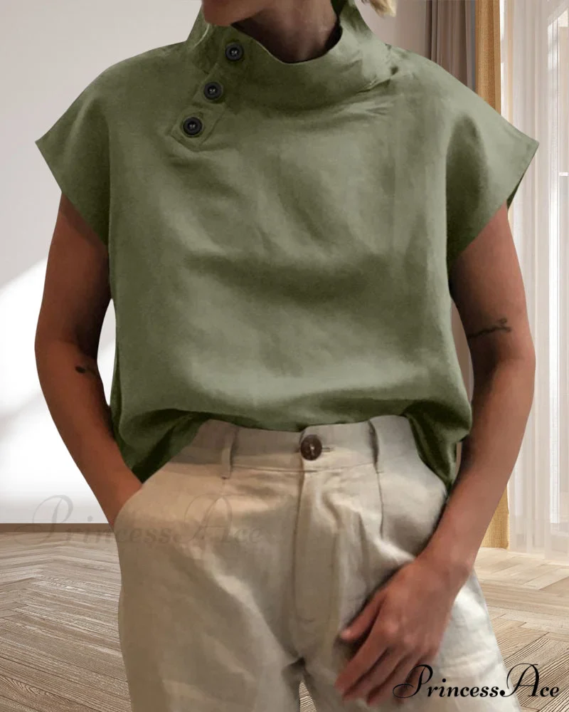 and Cotton Neckline Button Linen Stand Top - Image 5