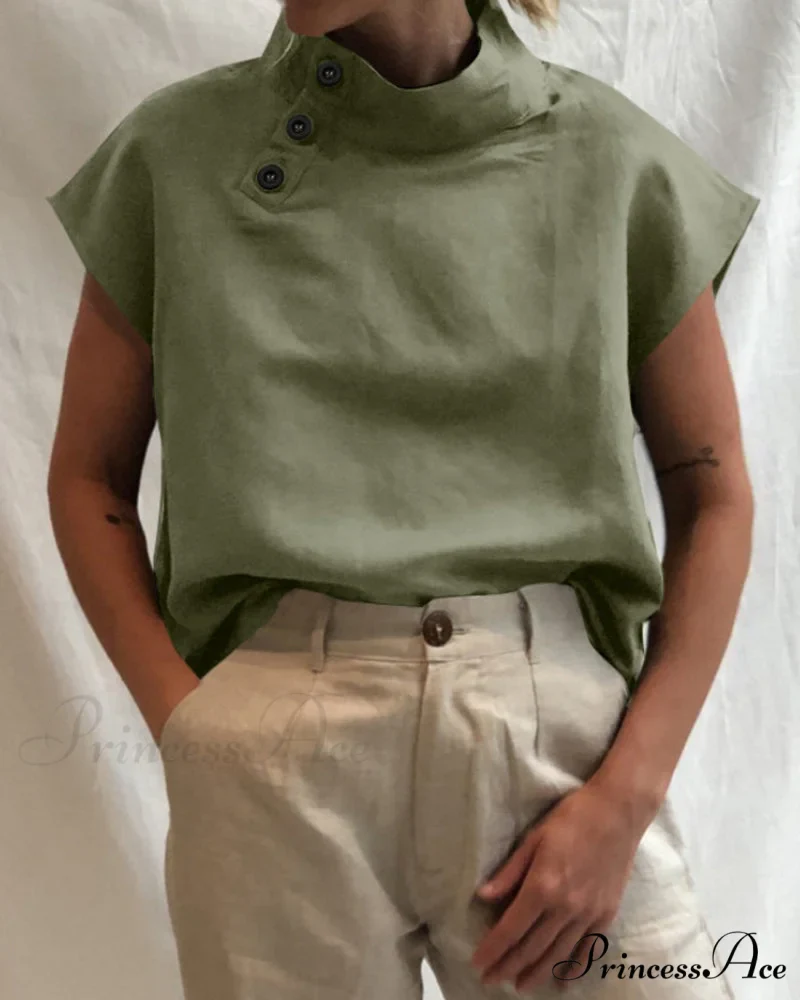 and Cotton Neckline Button Linen Stand Top - Image 6