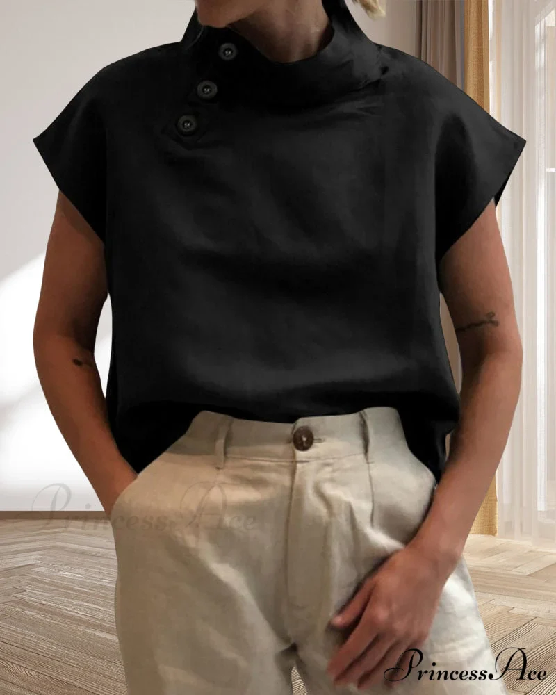 and Cotton Neckline Button Linen Stand Top - Image 7