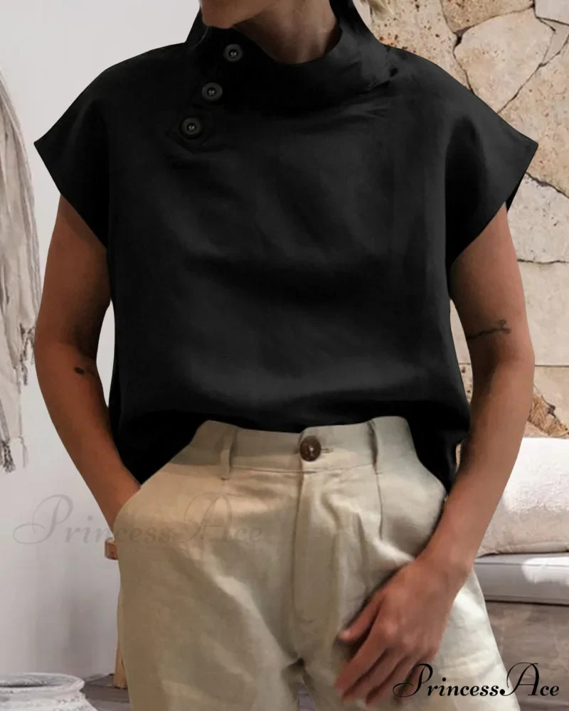 and Cotton Neckline Button Linen Stand Top - Image 8