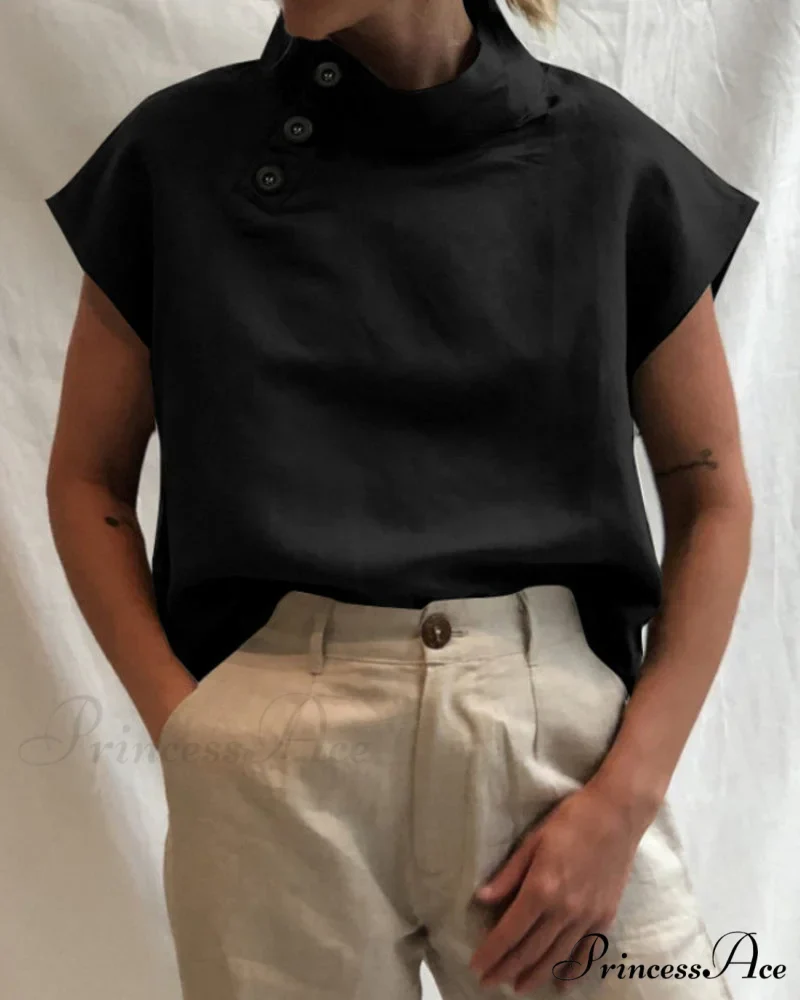 and Cotton Neckline Button Linen Stand Top - Image 9