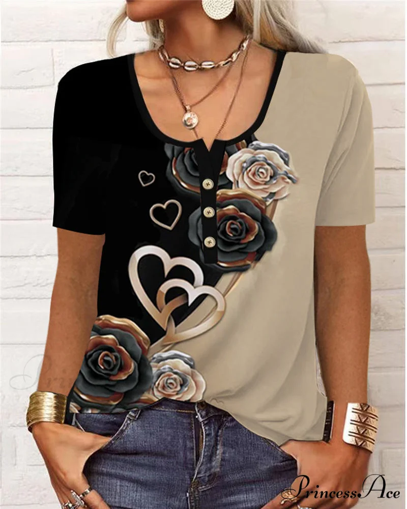 Arm Patterned U-Neck Brief Button Blouse - Image 2