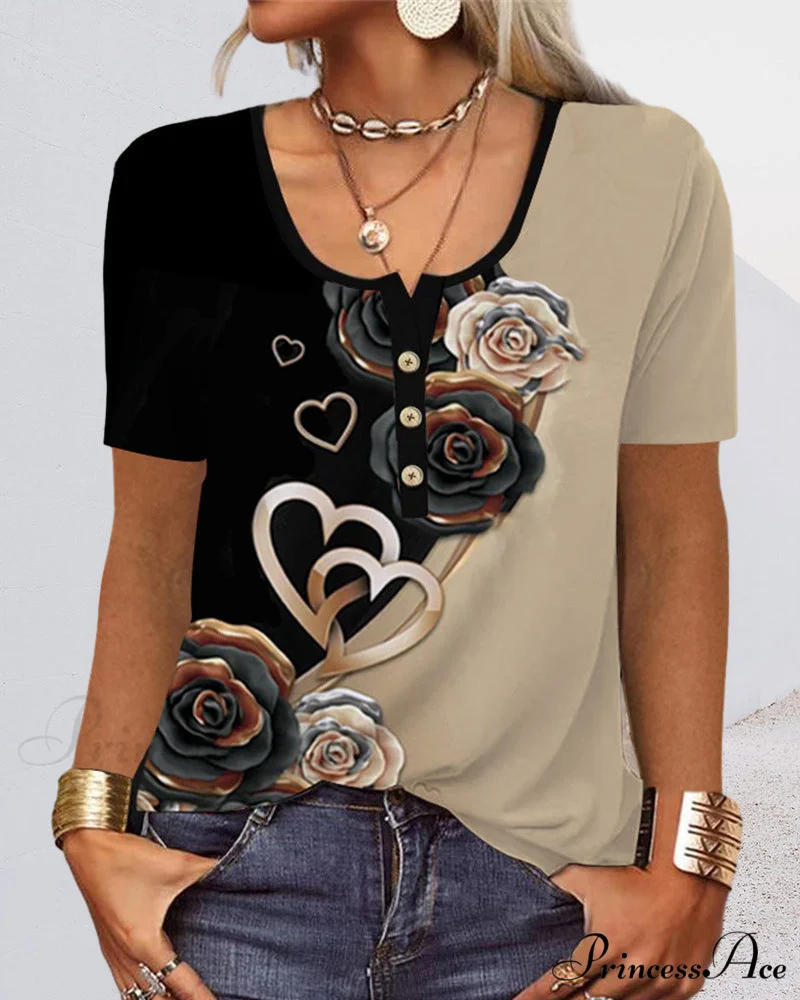 Arm Patterned U-Neck Brief Button Blouse - Image 3