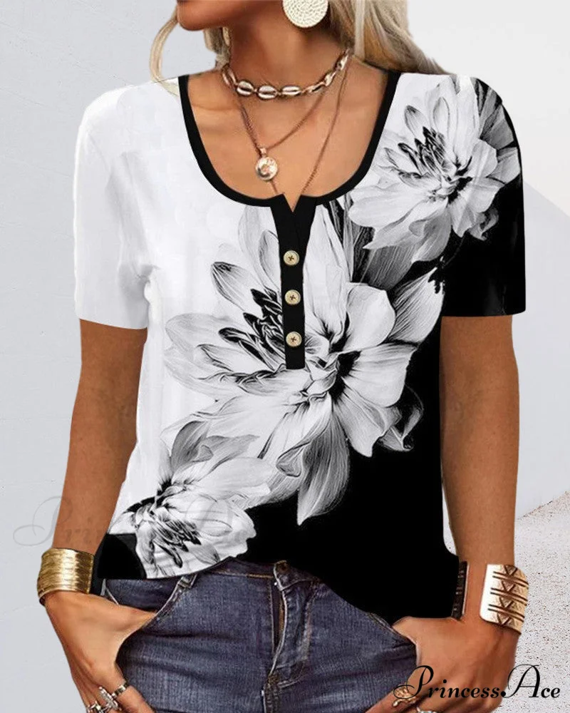 Arm Patterned U-Neck Brief Button Blouse - Image 4