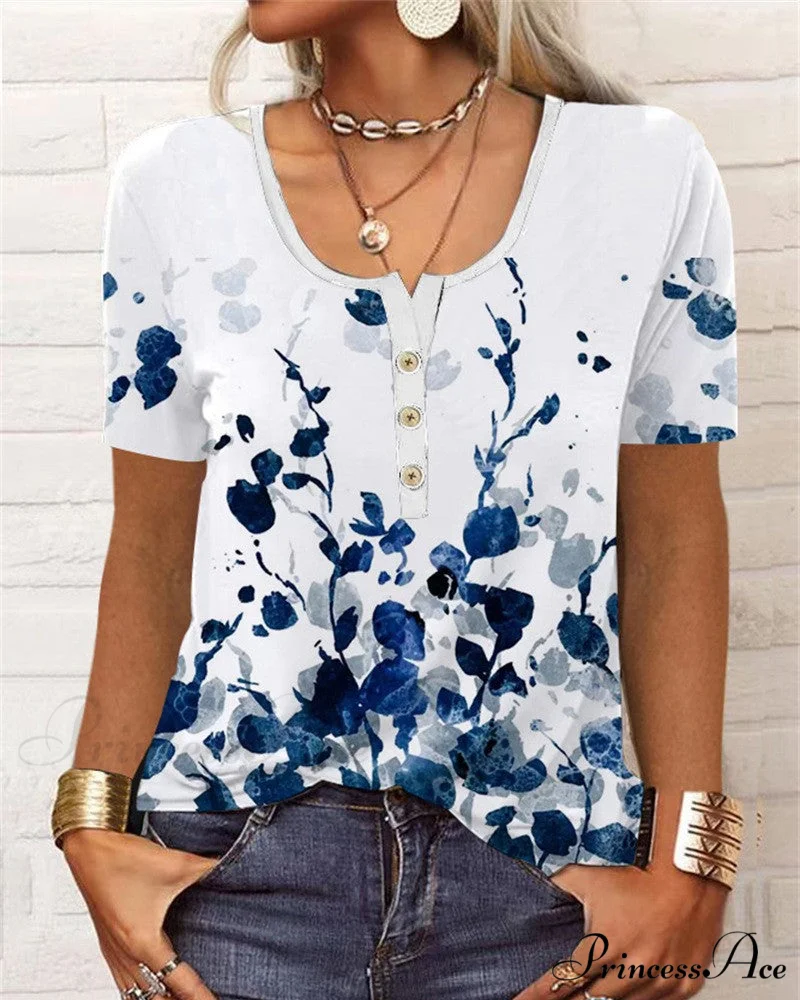 Arm Patterned U-Neck Brief Button Blouse - Image 5