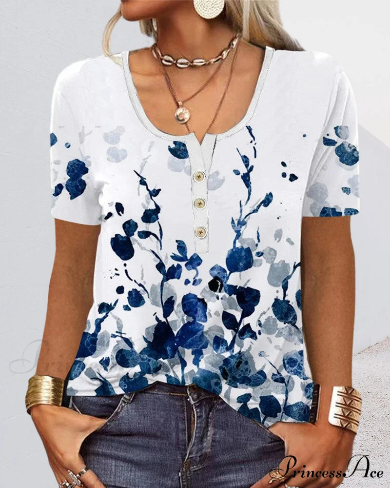 Arm Patterned U-Neck Brief Button Blouse - Image 6