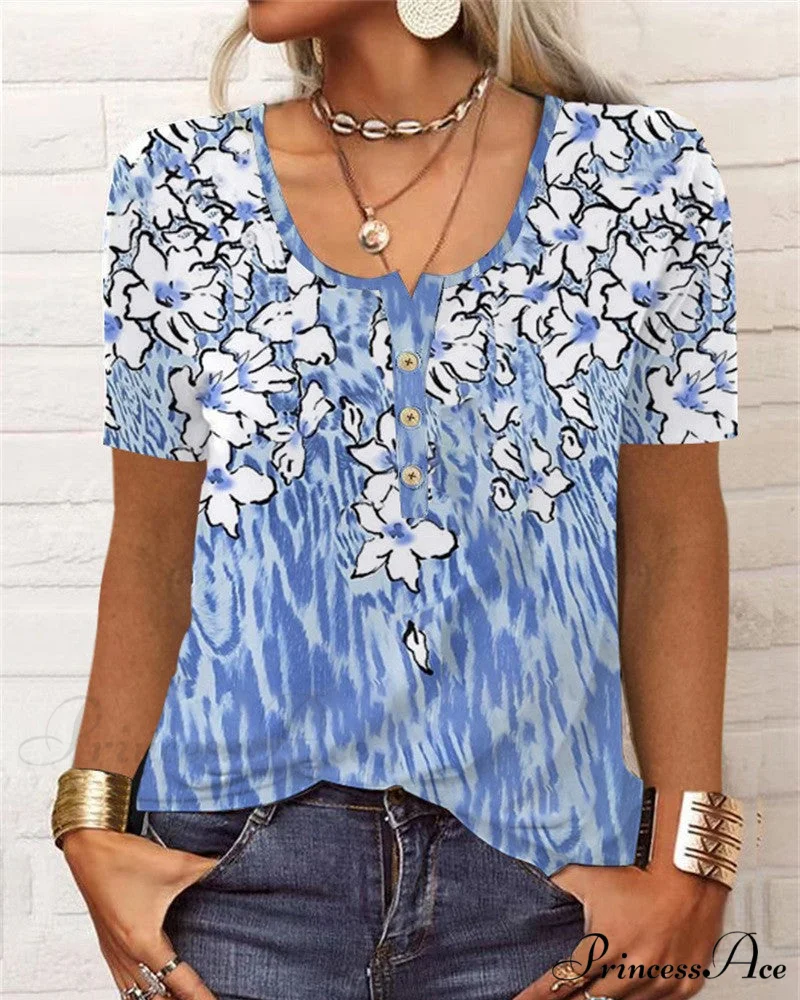 Arm Patterned U-Neck Brief Button Blouse - Image 7