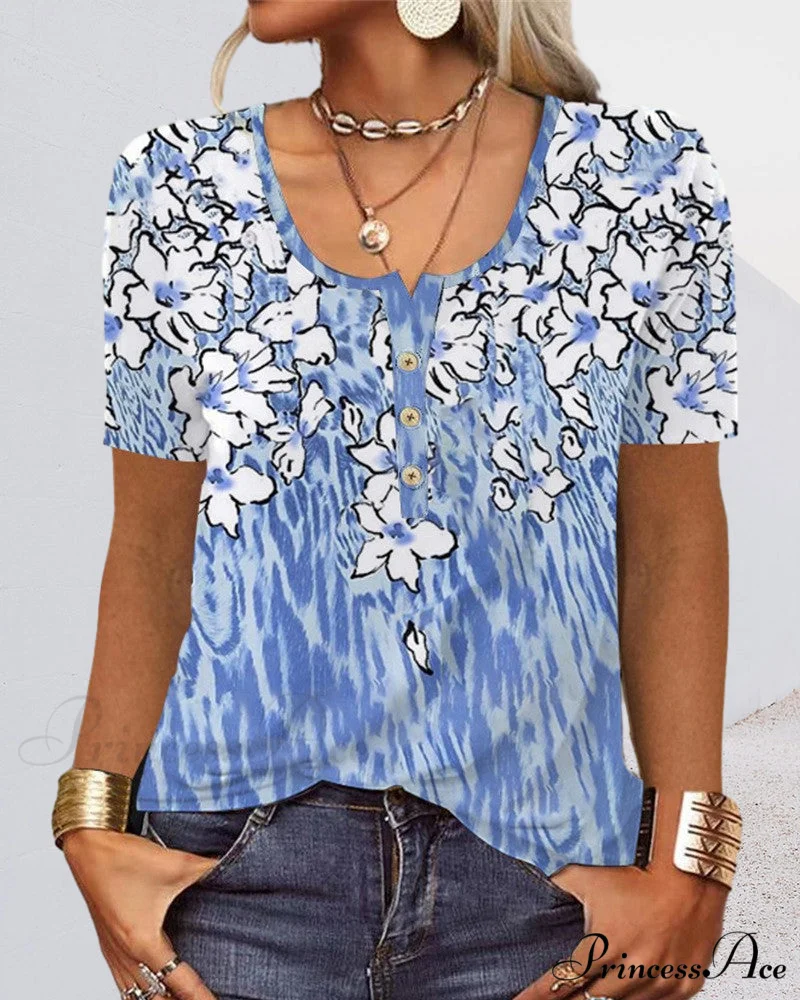 Arm Patterned U-Neck Brief Button Blouse - Image 8
