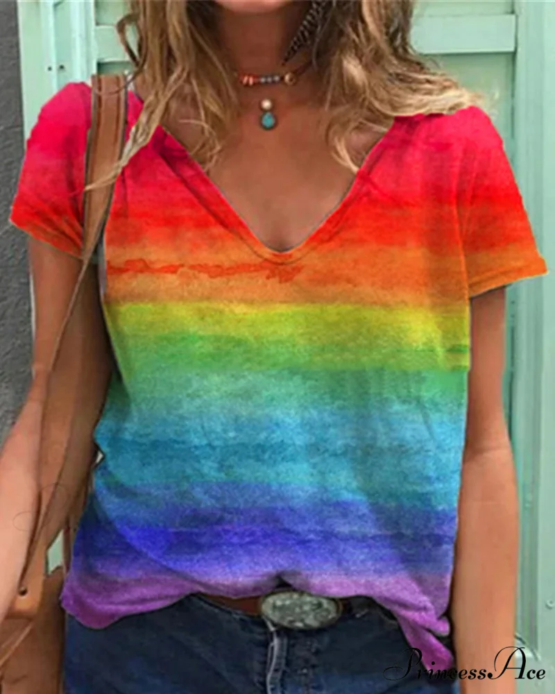 short-sleeved print rainbow V-neck t-shirt - Image 2