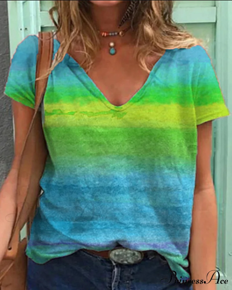 short-sleeved print rainbow V-neck t-shirt - Image 3