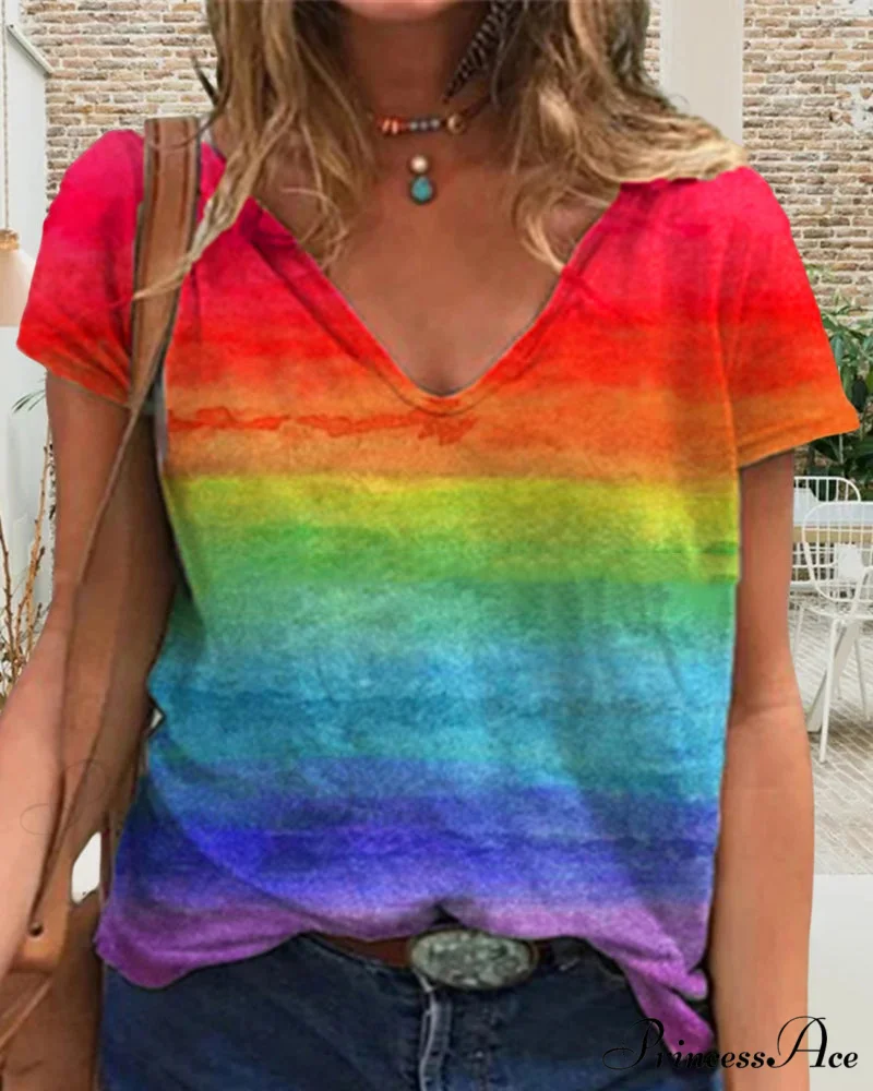 short-sleeved print rainbow V-neck t-shirt - Image 4