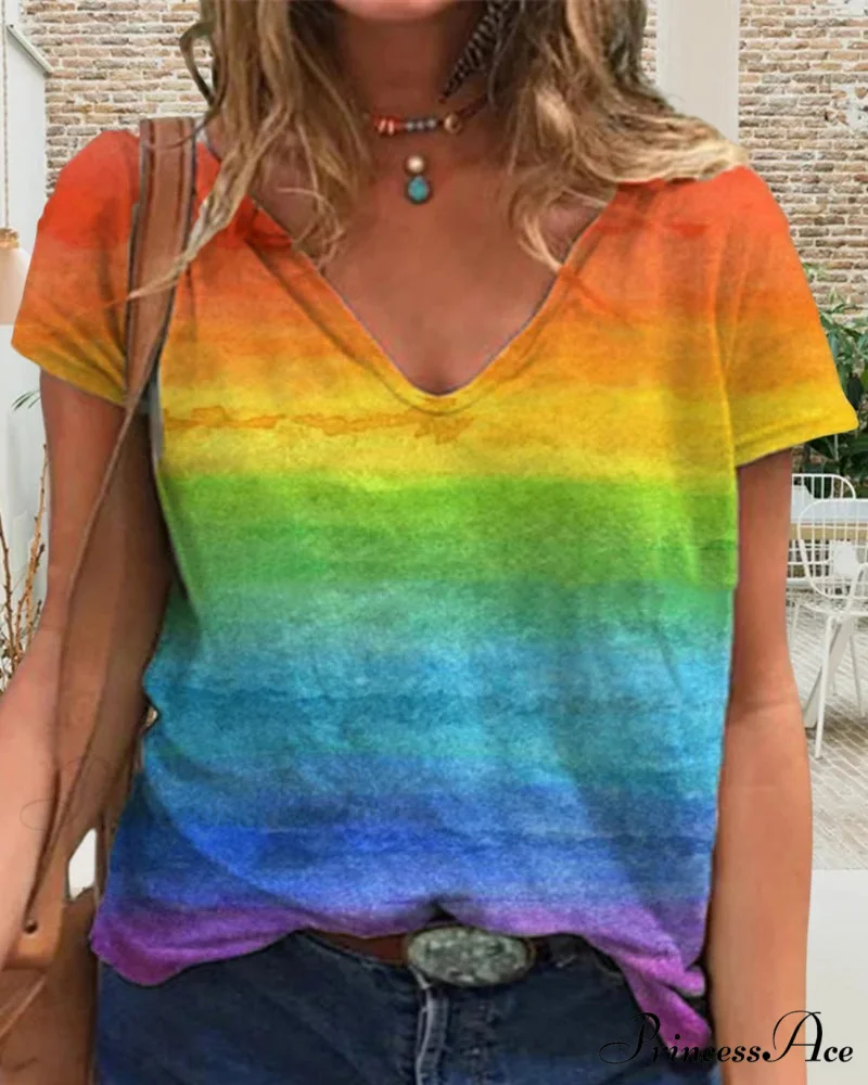 short-sleeved print rainbow V-neck t-shirt - Image 5