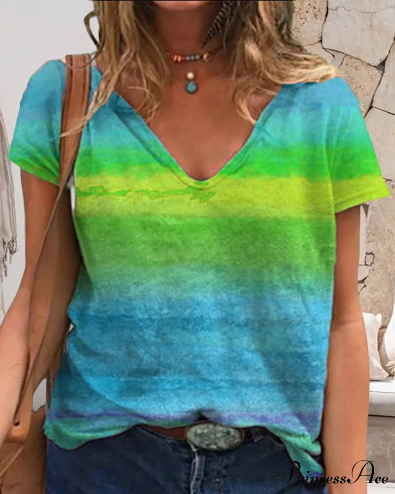 short-sleeved print rainbow V-neck t-shirt - Image 6