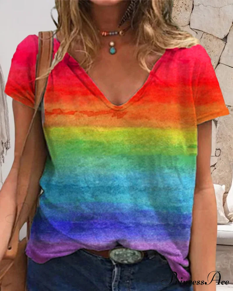 short-sleeved print rainbow V-neck t-shirt - Image 7
