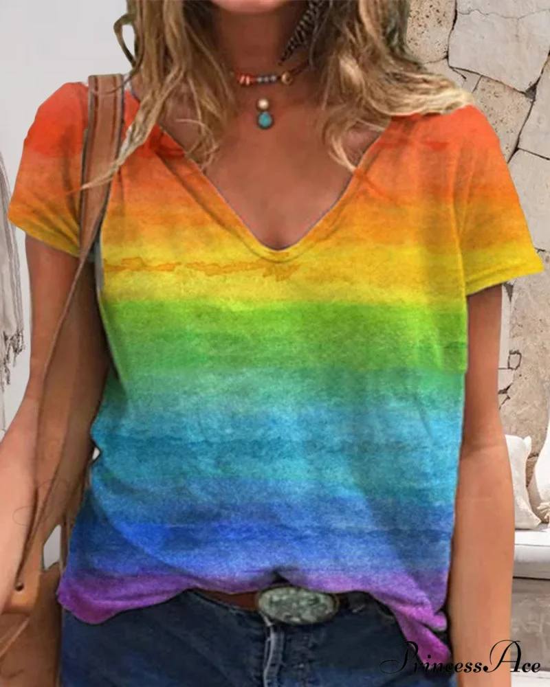 short-sleeved print rainbow V-neck t-shirt - Image 8