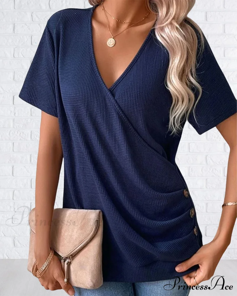 Front Cross Button Neck V T-Shirt - Image 2