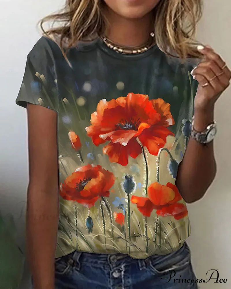 Design Round T-Shirt Flowered with Arm Brief Neck - Image 2