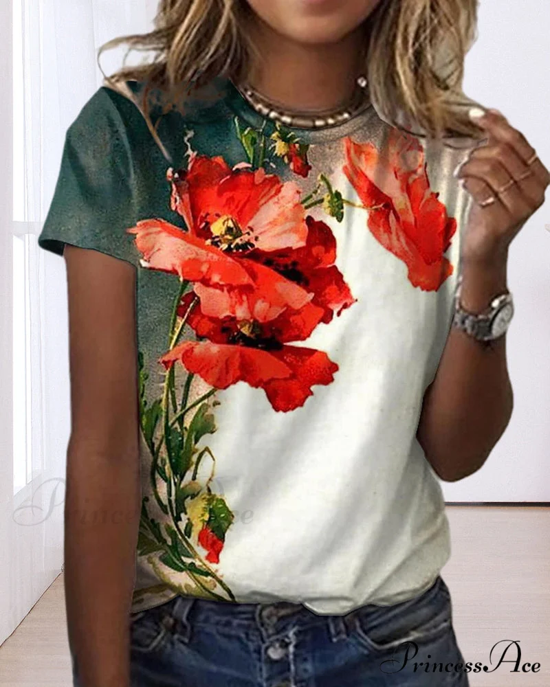 Design Round T-Shirt Flowered with Arm Brief Neck - Image 6