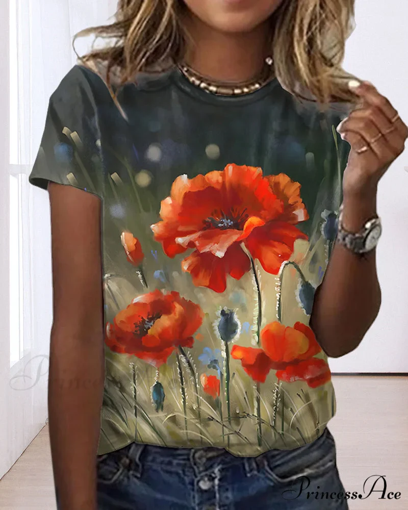 Design Round T-Shirt Flowered with Arm Brief Neck - Image 7