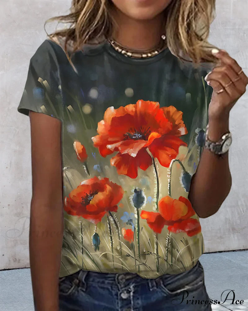 Design Round T-Shirt Flowered with Arm Brief Neck - Image 8