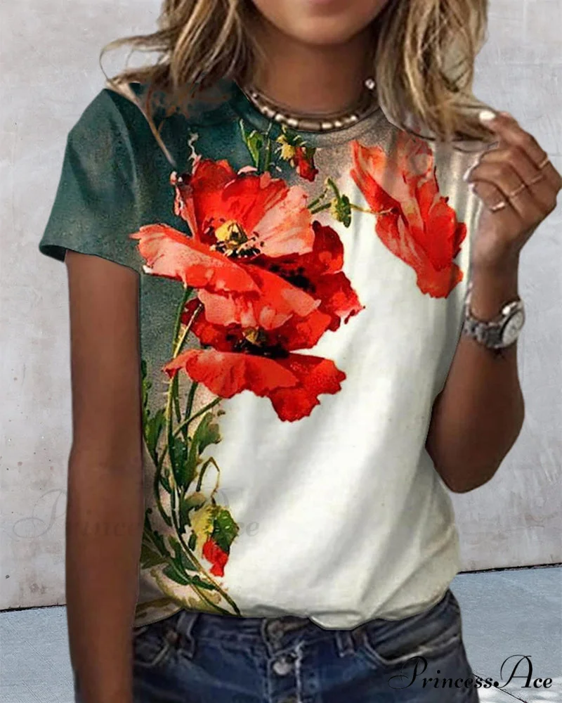 Design Round T-Shirt Flowered with Arm Brief Neck - Image 9