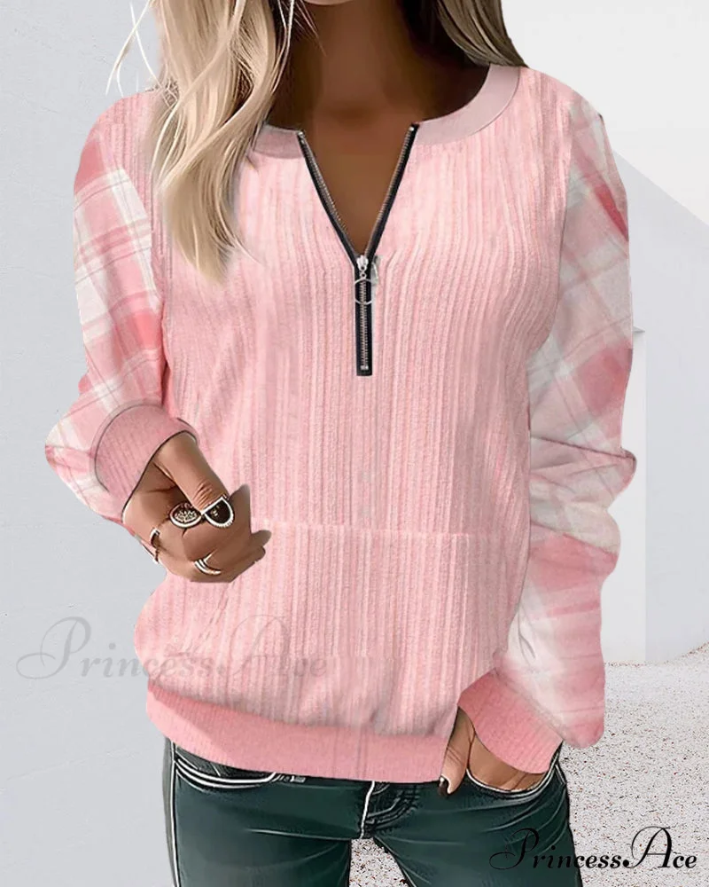 Color Plaid Block Zipper Sweatshirt - Image 2