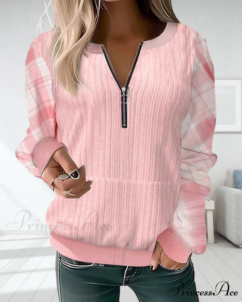 Color Plaid Block Zipper Sweatshirt - Image 3