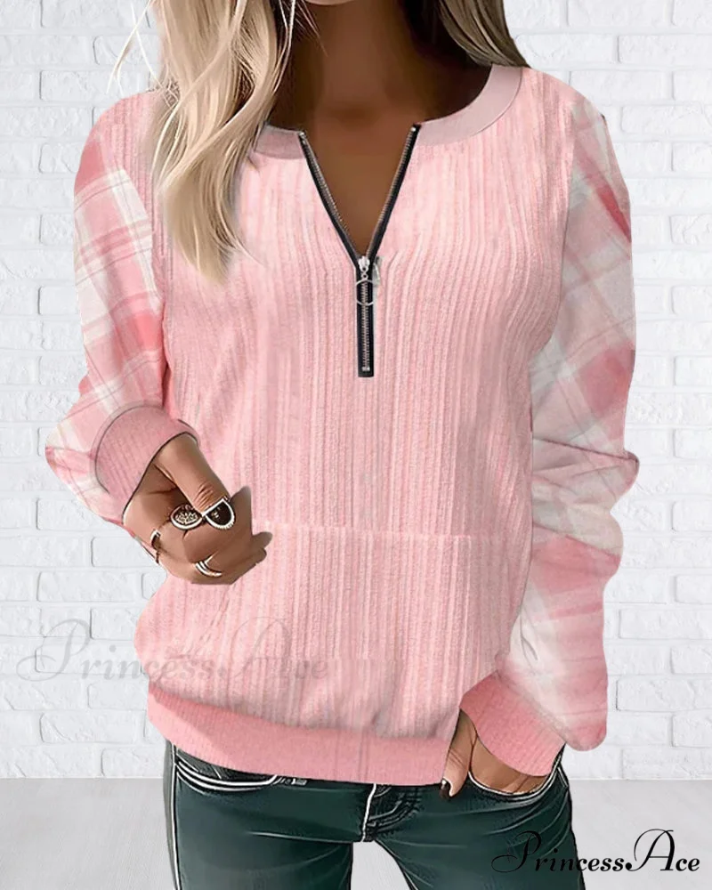 Color Plaid Block Zipper Sweatshirt - Image 4
