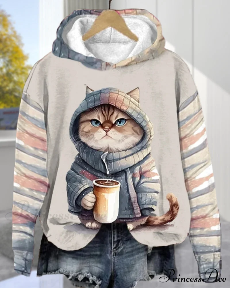 with Long-sleeved hoodie cat pattern - Image 2