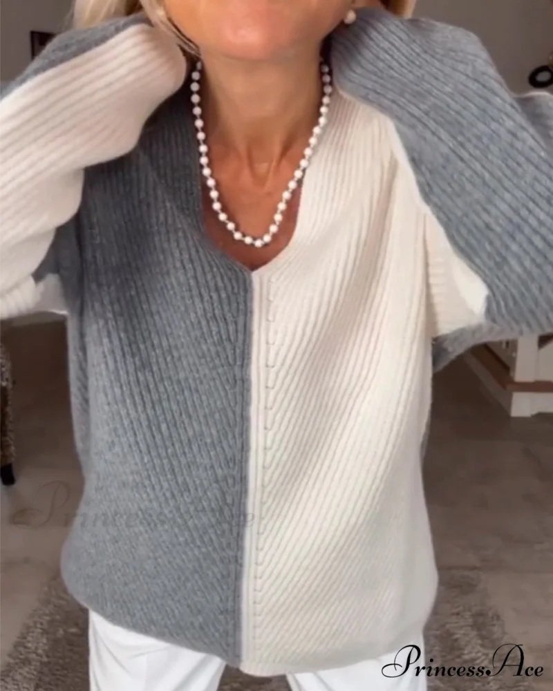 block Color V-neck sweater - Image 2