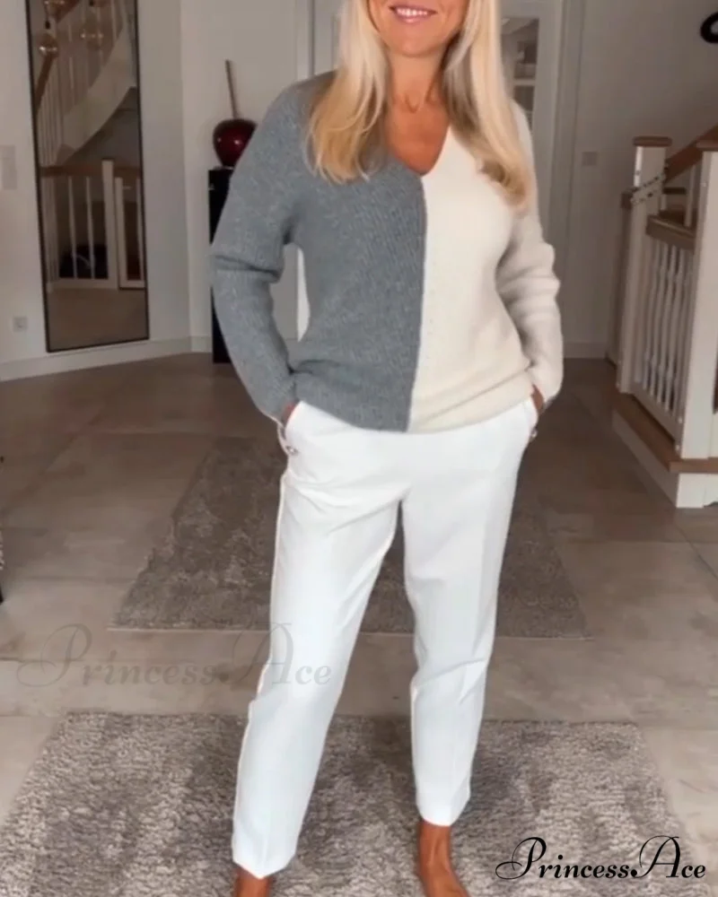 block Color V-neck sweater - Image 3