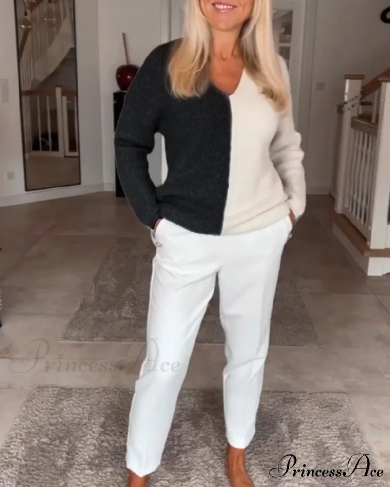block Color V-neck sweater - Image 6