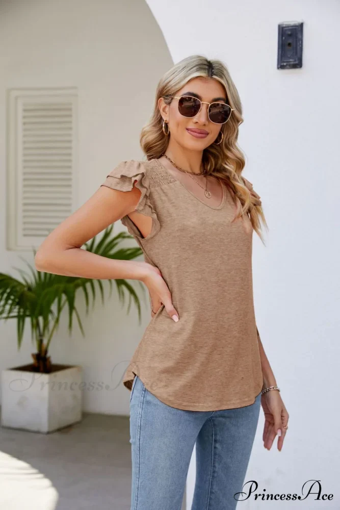 Top Smocked Flutter V-Neck with Arm Detail - Image 14