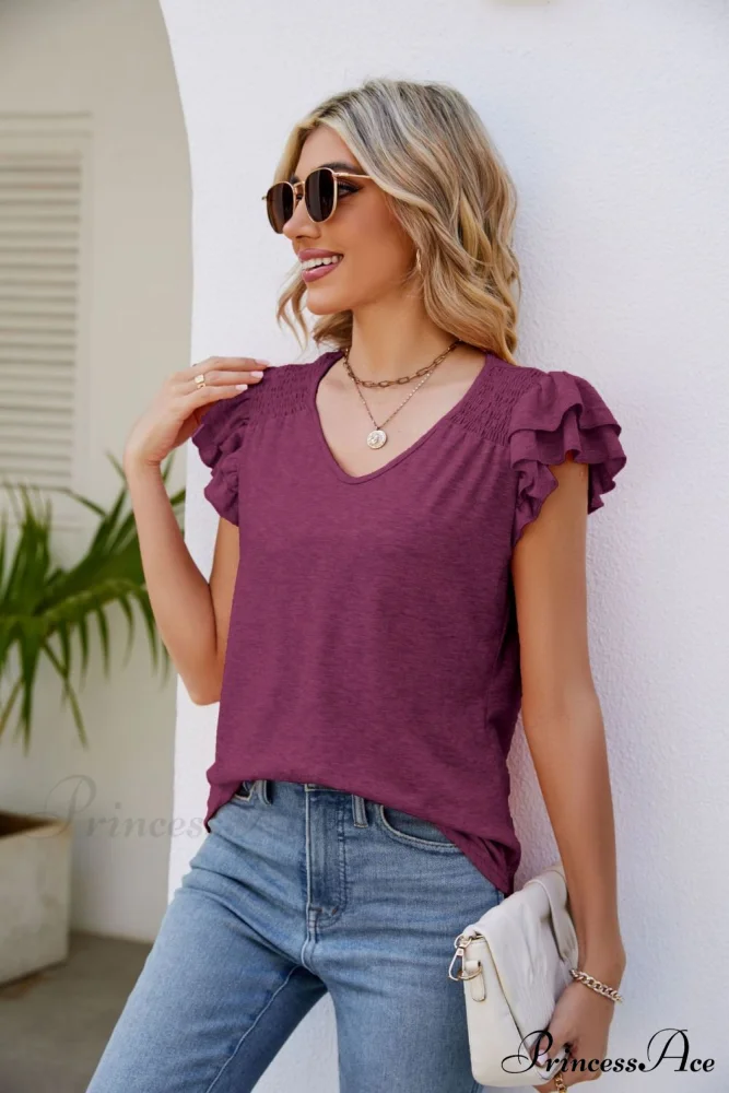 Top Smocked Flutter V-Neck with Arm Detail - Image 17