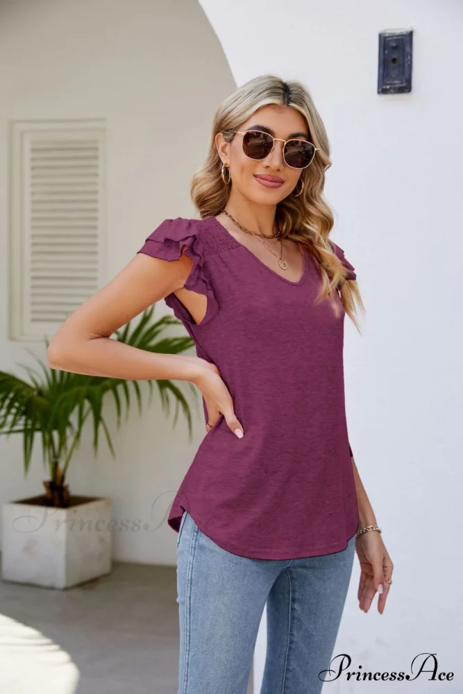 Top Smocked Flutter V-Neck with Arm Detail - Image 19
