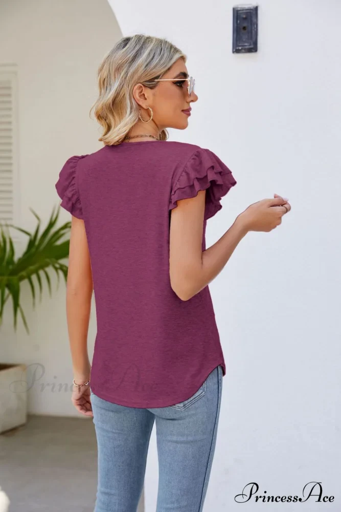 Top Smocked Flutter V-Neck with Arm Detail - Image 20