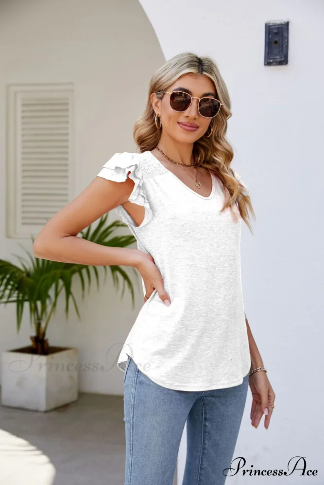 Top Smocked Flutter V-Neck with Arm Detail - Image 22